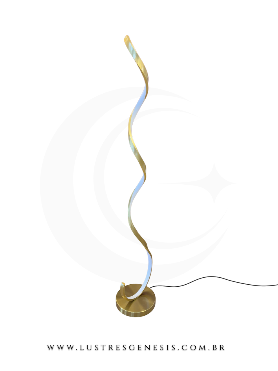 Luminária de chão dourada modelo Hook Nitrolux LC-001, design moderno em espiral, ideal para leitura em quartos, escritórios e áreas internas.